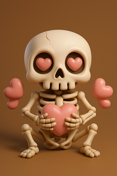 Un vibrante diseño 3D que combina lo lúdico con lo emocional 3dart 3dmodeling conceptualart creativeillustration digitaldesign heartmotif minimalistbackground romantictheme skeletoncharacter visualstorytelling
