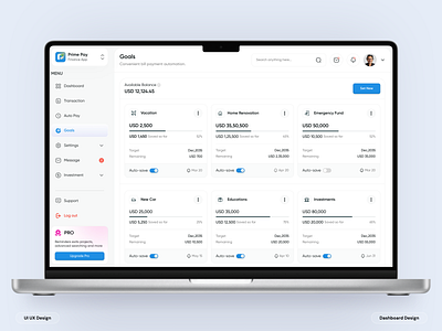 Prime Pay - Finance Dashboard Goal Page admin panel budget planner budget tracker card design clean ui dashboard design data visualization finance dashboard financial goals fintech design goal tracking invest tracker investment management money management personal finance portfolio management savings goals ui ux user focused design ux design