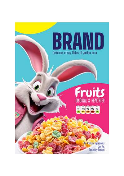 Fruits Brand Cereal – Colorful Corn Flakes with Bunny Mascot fun food design