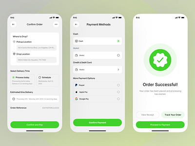 Delivery App Payment Flow – Clean UI Concept app design booking app car taxi driver driver ios minimaldesign mobile apps my order order order detail order history orderflow payment paymentui product design ride app ride booking ride sharing app schedule trip
