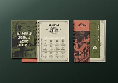 The Pink Feather Menu Design bar brand bar menu brand collateral brand design brand identity brand illustration branding cocktail menu graphic design logo design menu design print collateral restaurant brand speakeasy brand spiral menu vintage brand