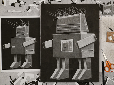 Robot B, studio automaton collage illustration paper paper collage robot robots scissors studio
