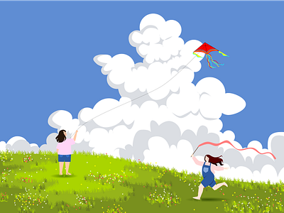 Good Ol' Days 2d illustration beautiful day childhood children playing cloudy digital art digital illustration flat illustration flying a kite good days graphic design illustration inkscape nostalgia play time running spring vector vector art vector illustration