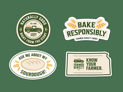 Sticker Designs - Farmer Direct Foods badge design baking farmer farmer logo farmers farming flour food stickers green green truck kansas natural organic sourdough sticker design stickers truck wheat