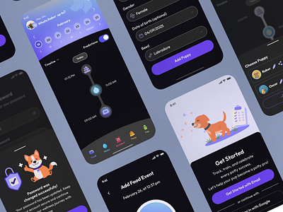 Mobile App Design | Puppy Wellness Tracker | Petcare App app care dark mode design figma management mobile app design mobile app ui mobile ui petcare pets puppy recraft redesign tracker ui uiuxdesign