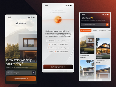 HOWSR: AI Real Estate app - Overview ai search feed home finder house hunting orange properties property search proptech real estate real estate interface search smart property search ui ux